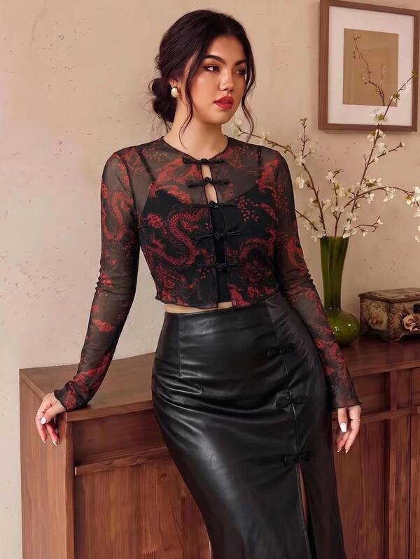 EastFlair Top transparente con estampado de dragón para mujer talla grande, moda nocturna para fiesta de la Semana de la Moda, negro, sexy, otoño, festival de otoño