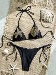 Swim Vcay Women's New Starfish & Shell Rhinestone Decor Top And Side Tie Swim Shorts High-End 2 Pieces Bikini Set - Black - View 3
