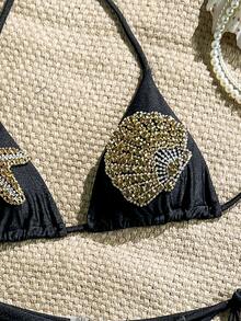 Swim Vcay Women's New Starfish & Shell Rhinestone Decor Top And Side Tie Swim Shorts High-End 2 Pieces Bikini Set - Black - View 5