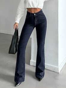 SHEIN Tall بنطلون جينز نسائي كاجوال بخصر عالي وجيوب وقصة واسعة - الأزرق - مشاهدة 4