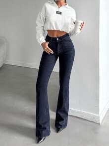 SHEIN Tall بنطلون جينز نسائي كاجوال بخصر عالي وجيوب وقصة واسعة - الأزرق - مشاهدة 5