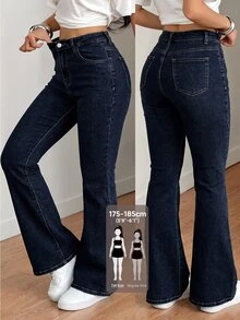 SHEIN Tall بنطلون جينز نسائي كاجوال بخصر عالي وجيوب وقصة واسعة - الأزرق - مشاهدة 2
