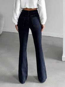 SHEIN Tall بنطلون جينز نسائي كاجوال بخصر عالي وجيوب وقصة واسعة - الأزرق - مشاهدة 6