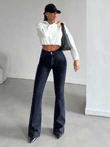 SHEIN Tall بنطلون جينز نسائي كاجوال بخصر عالي وجيوب وقصة واسعة - الأزرق - مشاهدة 3