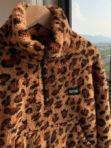 SHEIN Tall CURVE Plus Size Women Leopard Print Denim Casual Versatile Daily Wear Long Sleeve Sweatshirt - Brown - View 5