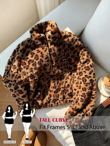 SHEIN Tall CURVE Plus Size Women Leopard Print Denim Casual Versatile Daily Wear Long Sleeve Sweatshirt - Brown - View 3
