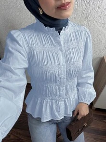 Solavon 女款優雅通勤辦公工作早午餐泡泡袖襯衫 淺藍色 秋季 - 藍色 - 查看 1