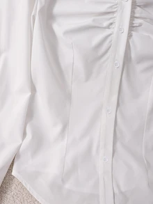 SHEIN Kemeja Lengan Panjang Berkerah Putih Polos untuk Remaja Perempuan, Kancing Depan Berkerut, Potongan Ramping di Pinggang, Hem Melengkung, Blus Kancing Tunggal, Gaya Kasual untuk Perjalanan Sekolah Musim Semi Musim Panas, Atasan Formal Serbaguna - Putih - View 7