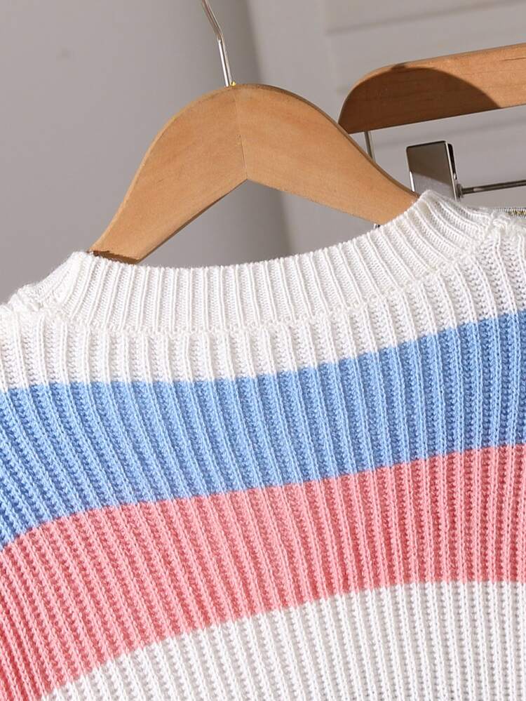 SHEIN Teen Girls' Autumn/Winter New Casual Stylish Versatile Colorful Striped Contrast Color Loose Knit Cardigan Sweater Long Sleeve,Back To School Clothes - Multicolor - View 5