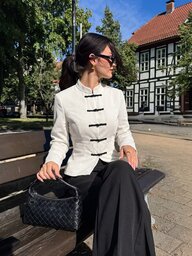 Cévolie Women's Casual Commute Striped Frog Button Shirt