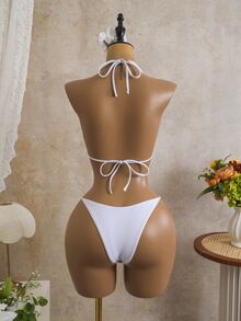 Swim SXY Women's Summer Beach Halter Bikini Set And Drawstring Side Slit Cover Up Dress - White - View 7