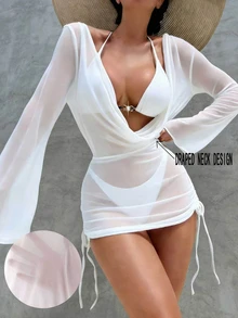 Swim SXY Women's Summer Beach Halter Bikini Set And Drawstring Side Slit Cover Up Dress - White - View 2