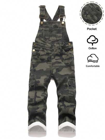 Young Boys' Y2k Distressed Vintage Camouflage Denim Loose Overalls,Fall/Winter,For Boys School Clothes,Streetwear Outfit,Halloween Outfit,Toddler Set