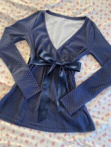 IslaSuriya Polka Dot Bow Cross Long Sleeve Top - Dusty Blue - View 1