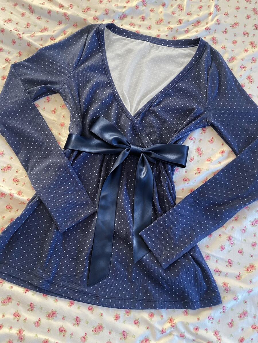 IslaSuriya Polka Dot Bow Cross Long Sleeve Top - Dusty Blue - View 1