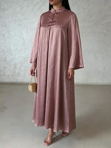 Al Najma Textured Satin Pleated Long Sleeve New Chinese Style Stand Collar Frog Button Decor Loose Long Comfortable Versatile Elegant Traditional Dark Pink Plus Size Arabic Dress - Dusty Pink - View 9