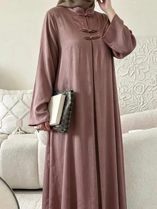Al Najma Textured Satin Pleated Long Sleeve New Chinese Style Stand Collar Frog Button Decor Loose Long Comfortable Versatile Elegant Traditional Dark Pink Plus Size Arabic Dress - Dusty Pink - View 10
