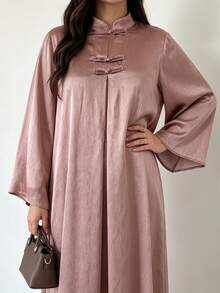 Al Najma Textured Satin Pleated Long Sleeve New Chinese Style Stand Collar Frog Button Decor Loose Long Comfortable Versatile Elegant Traditional Dark Pink Plus Size Arabic Dress - Dusty Pink - View 2