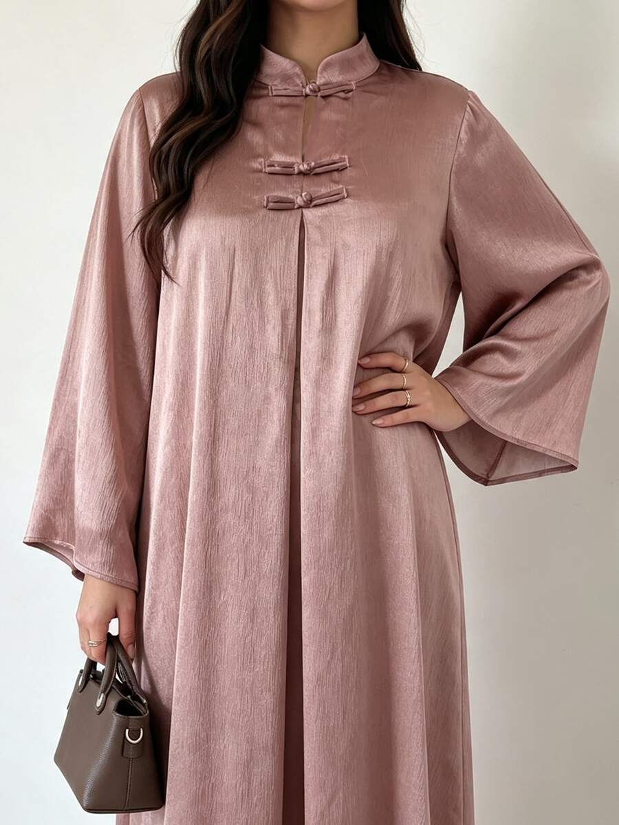 Al Najma Textured Satin Pleated Long Sleeve New Chinese Style Stand Collar Frog Button Decor Loose Long Comfortable Versatile Elegant Traditional Dark Pink Plus Size Arabic Dress