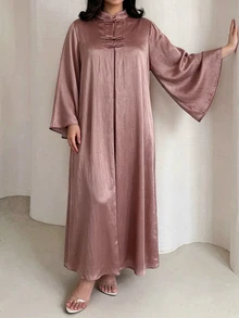 Al Najma Textured Satin Pleated Long Sleeve New Chinese Style Stand Collar Frog Button Decor Loose Long Comfortable Versatile Elegant Traditional Dark Pink Plus Size Arabic Dress - Dusty Pink - View 6