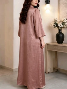 Al Najma Textured Satin Pleated Long Sleeve New Chinese Style Stand Collar Frog Button Decor Loose Long Comfortable Versatile Elegant Traditional Dark Pink Plus Size Arabic Dress - Dusty Pink - View 3