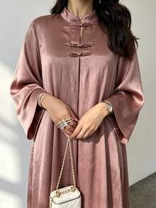 Al Najma Textured Satin Pleated Long Sleeve New Chinese Style Stand Collar Frog Button Decor Loose Long Comfortable Versatile Elegant Traditional Dark Pink Plus Size Arabic Dress - Dusty Pink - View 5