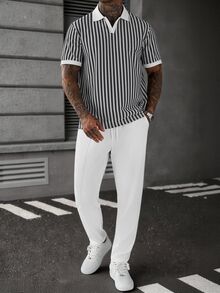 Manfinity CasualCool Men's Versatile Colorblock Short Sleeve Polo Shirt And Drawstring Waist Pocket Long Pants Set - Black and White - View 6