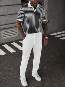 Manfinity CasualCool Men's Versatile Colorblock Short Sleeve Polo Shirt And Drawstring Waist Pocket Long Pants Set - Black and White - View 3