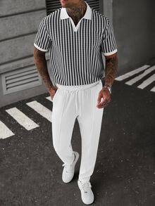 Manfinity CasualCool Men's Versatile Colorblock Short Sleeve Polo Shirt And Drawstring Waist Pocket Long Pants Set - Black and White - View 4