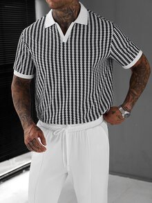 Manfinity CasualCool Men's Versatile Colorblock Short Sleeve Polo Shirt And Drawstring Waist Pocket Long Pants Set - Black and White - View 7
