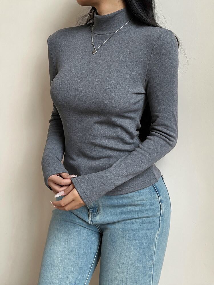 SHEIN BASICS 2-Pack Women's T-Shirts Minimalist Basic Autumn Winter Soft Warm Brown Light Grey Turtleneck Tops Everyday Night Out - Multicolor - View 6