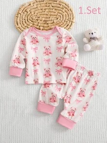 新生兒嬰兒 2件組可愛熊與蝴蝶結印花長袖長褲針織連身衣居家服套裝 - 米色 - 查看 5