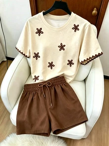 Resyla Women's Soft Apricot Floral Short Sleeve Set, Loose Round Neck Lace Trim T-Shirt And Drawstring Casual Shorts 2-Piece Outfit - Multicolor - View 1