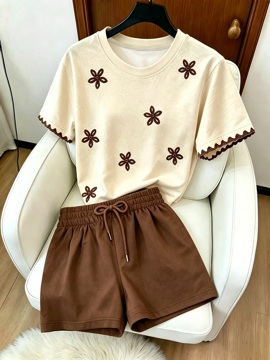 Resyla Women's Soft Apricot Floral Short Sleeve Set, Loose Round Neck Lace Trim T-Shirt And Drawstring Casual Shorts 2-Piece Outfit - Multicolor - View 1
