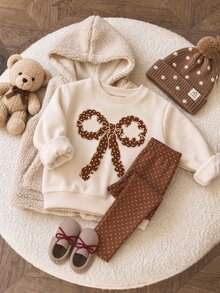 奶油杏色與摩卡棕色，可愛復古女孩手繪3D波浪邊蝴蝶結圖案印花，幼女休閒柔軟舒適寬鬆圓領套頭衛衣與波點刷毛抓絨內搭褲2件套，秋冬新款日常、上學、出遊、萬聖節、聖誕節、休閒時尚、田園鄉村、秋冬旅行穿搭 - 彩色 - 查看 3