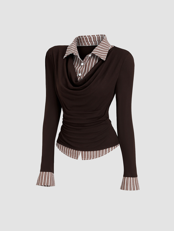 Sweetra Unique Vintage Brown Striped Patchwork Solid Color Knitted Stand Collar Slimming Waist French Minimalist Sexy Style Early Autumn Long Sleeve Versatile Fashion Design Women's Blouse