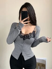 DAZY 女款兩件套：對比色蕾絲細肩帶上衣與短版長袖上衣，春/秋季 - 灰色 - 查看 6