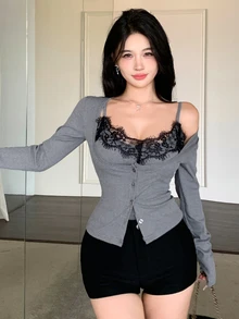 DAZY 女款兩件套：對比色蕾絲細肩帶上衣與短版長袖上衣，春/秋季 - 灰色 - 查看 7