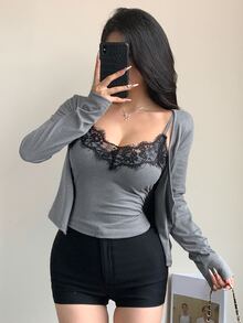 DAZY 女款兩件套：對比色蕾絲細肩帶上衣與短版長袖上衣，春/秋季 - 灰色 - 查看 5
