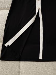 SHEIN Franclia Elegant French Style Knit Dress,Black And White Color Block,Summer Navy Collar Short Sleeve,Button Decor,Includes Belt,Semi Formal Office Dress - Black and White - View 4