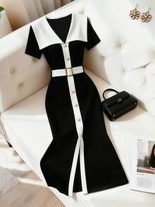 SHEIN Franclia Elegant French Style Knit Dress,Black And White Color Block,Summer Navy Collar Short Sleeve,Button Decor,Includes Belt,Semi Formal Office Dress - Black and White - View 1