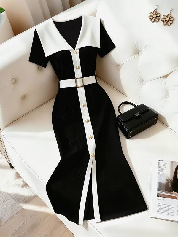 SHEIN Franclia Đầm dệt kim kiểu Pháp thanh lịch, màu xanh navy cổ bẻ, tay ngắn, phối màu đen trắng với điểm nhấn là cúc áo, kèm thắt lưng, đầm công sở trang trọng hoặc dự tiệc.