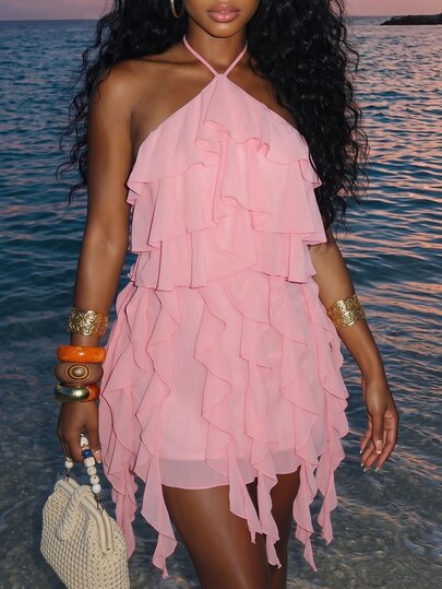 Slaydiva Soft Pink Summer Chiffon Multi-Layered Ruffled Mini Dress,Mama Mia Boat Trip Holiday Party,Wedding Guest Outfit,Resort Vacation Cruise Beach Dresses
