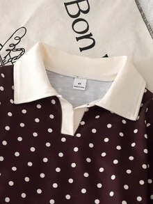 小女孩波點 Polo 領 2 件套，適合學校、秋季戶外玩耍、短途旅行與拜訪 - 咖啡棕 - 查看 8