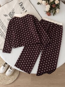 小女孩波點 Polo 領 2 件套，適合學校、秋季戶外玩耍、短途旅行與拜訪 - 咖啡棕 - 查看 2
