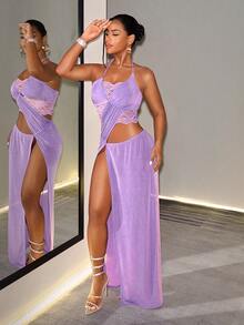 SHEIN BamGlam Women's Solid Color Cut-Out Design Side Slit Hem Rave Club Clubbing Halter Neck Dress Night Out Light  Summer Rave Sexy  Elegant Long Party Dress - Purple - View 5