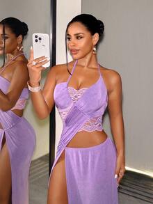SHEIN BamGlam Women's Solid Color Cut-Out Design Side Slit Hem Rave Club Clubbing Halter Neck Dress Night Out Light  Summer Rave Sexy  Elegant Long Party Dress - Purple - View 4