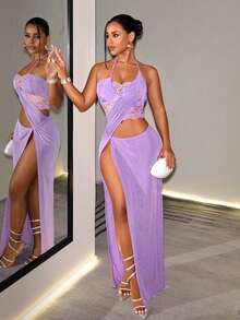 SHEIN BamGlam Women's Solid Color Cut-Out Design Side Slit Hem Rave Club Clubbing Halter Neck Dress Night Out Light  Summer Rave Sexy  Elegant Long Party Dress - Purple - View 1