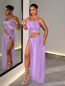 SHEIN BamGlam Women's Solid Color Cut-Out Design Side Slit Hem Rave Club Clubbing Halter Neck Dress Night Out Light  Summer Rave Sexy  Elegant Long Party Dress - Purple - View 7