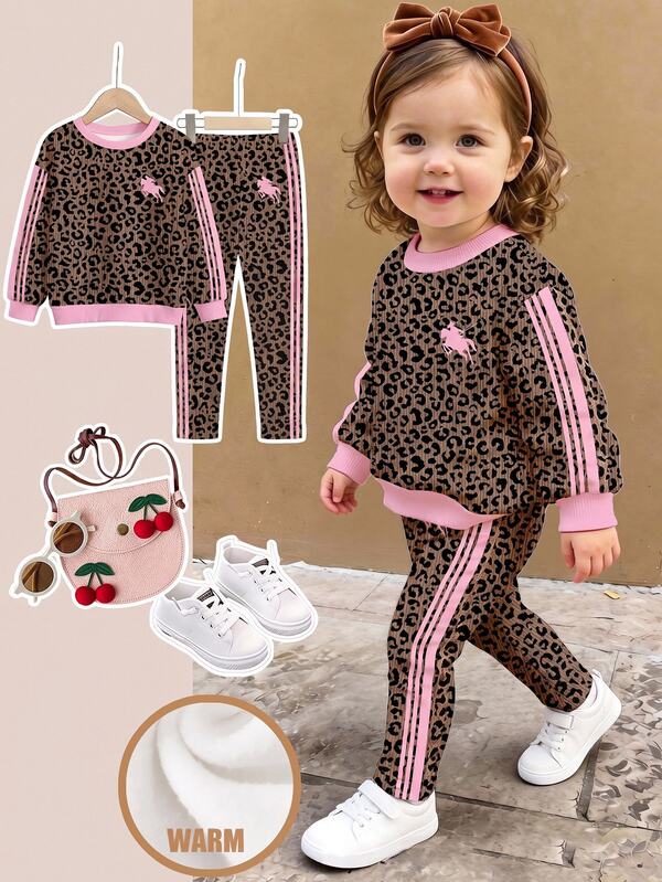 SHEIN Vintage Leopard & Knight Horse, Pink Sporty Colorblock Striped Print, Baby Girl Casual Minimalist Loose Crew Neck Sweatshirt & Elastic Waist Long Pants Set, Suitable For Autumn/Winter, Street Retro Style, Comfortable & Relaxed, Children's Autumn Layering, Y2K, Sportswear, Outings, Street Photography, Chill Chill